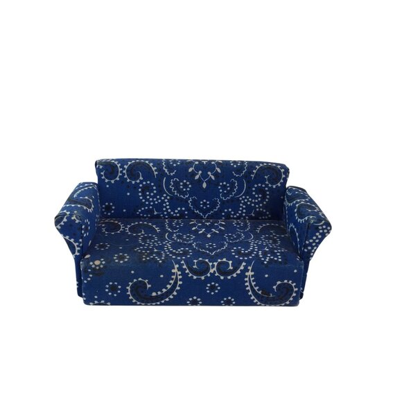 Miniature Dollhouse Blue Paisley Couch Arm Chair Set of 3 Wood Fabric Handmade - Picture 7 of 15